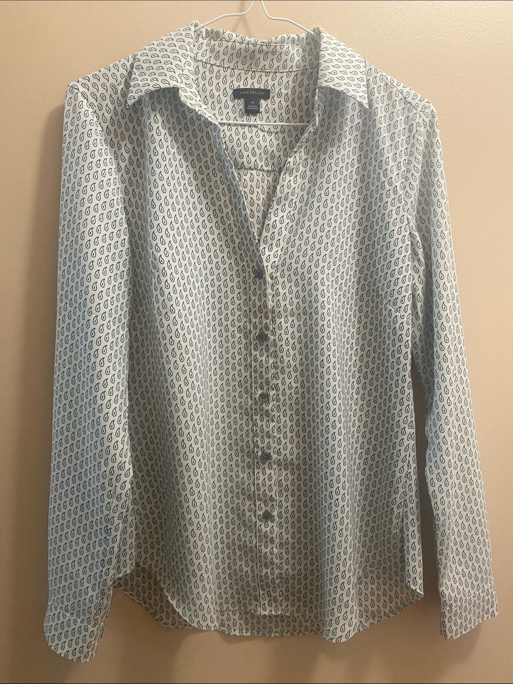 Ann Taylor White Button-Down Shirt with Navy Paisley Print